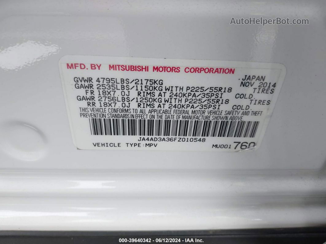 2015 Mitsubishi Outlander Se White vin: JA4AD3A36FZ010548