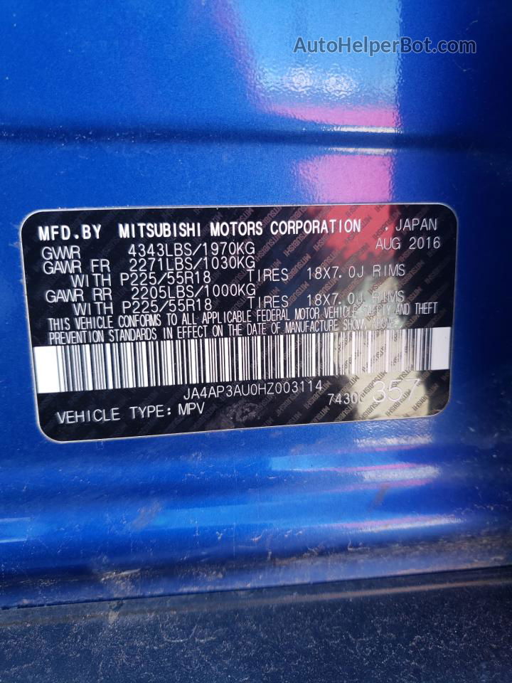 2017 Mitsubishi Outlander Sport Es Blue vin: JA4AP3AU0HZ003114