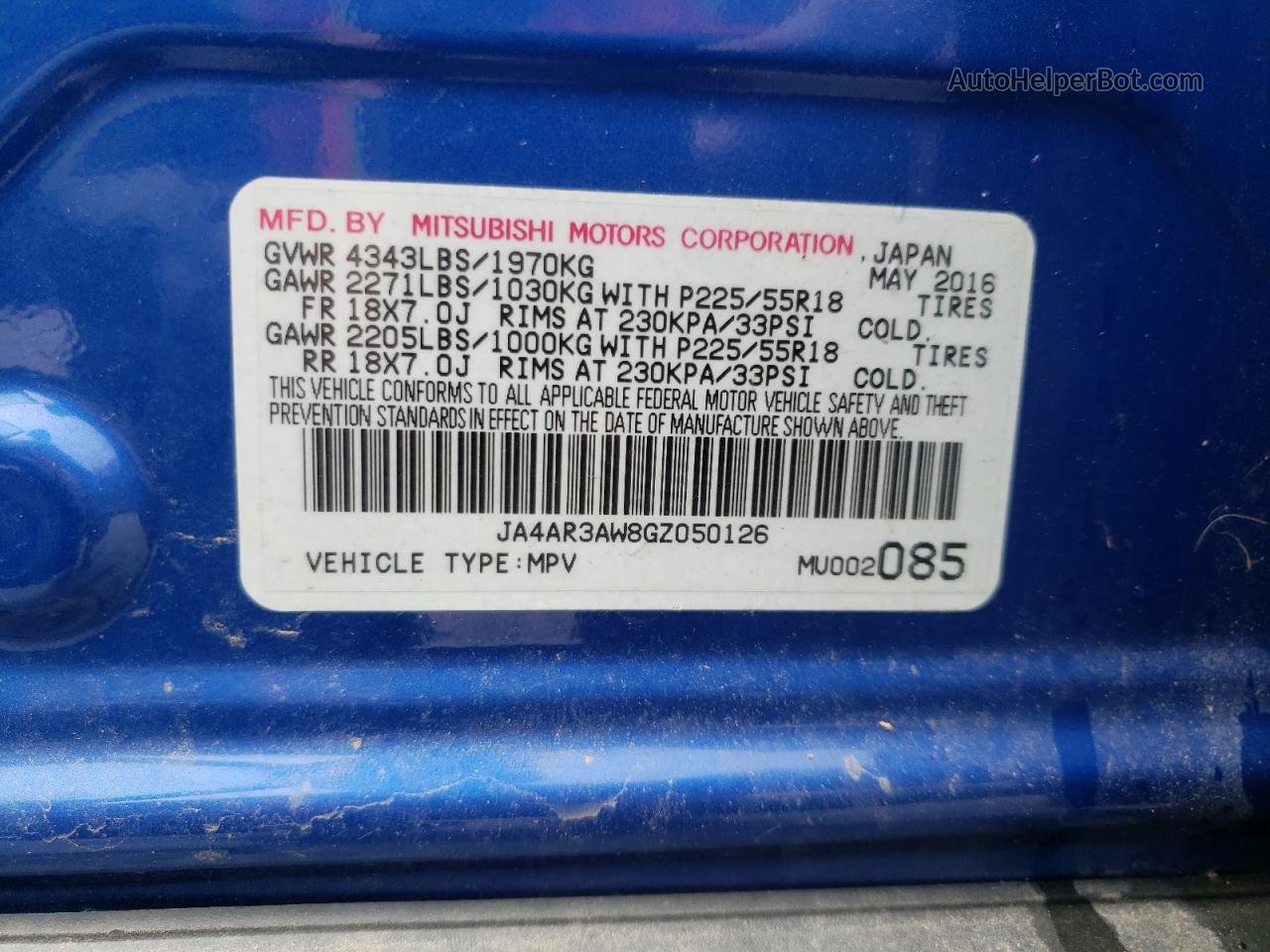 2016 Mitsubishi Outlander Sport Es Blue vin: JA4AR3AW8GZ050126