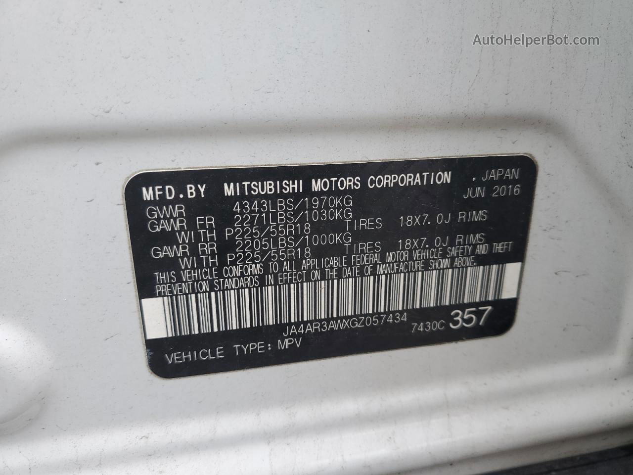 2016 Mitsubishi Outlander Sport Es White vin: JA4AR3AWXGZ057434