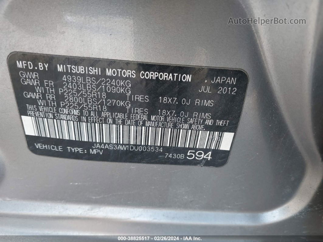 2013 Mitsubishi Outlander Se Gray vin: JA4AS3AW1DU003534