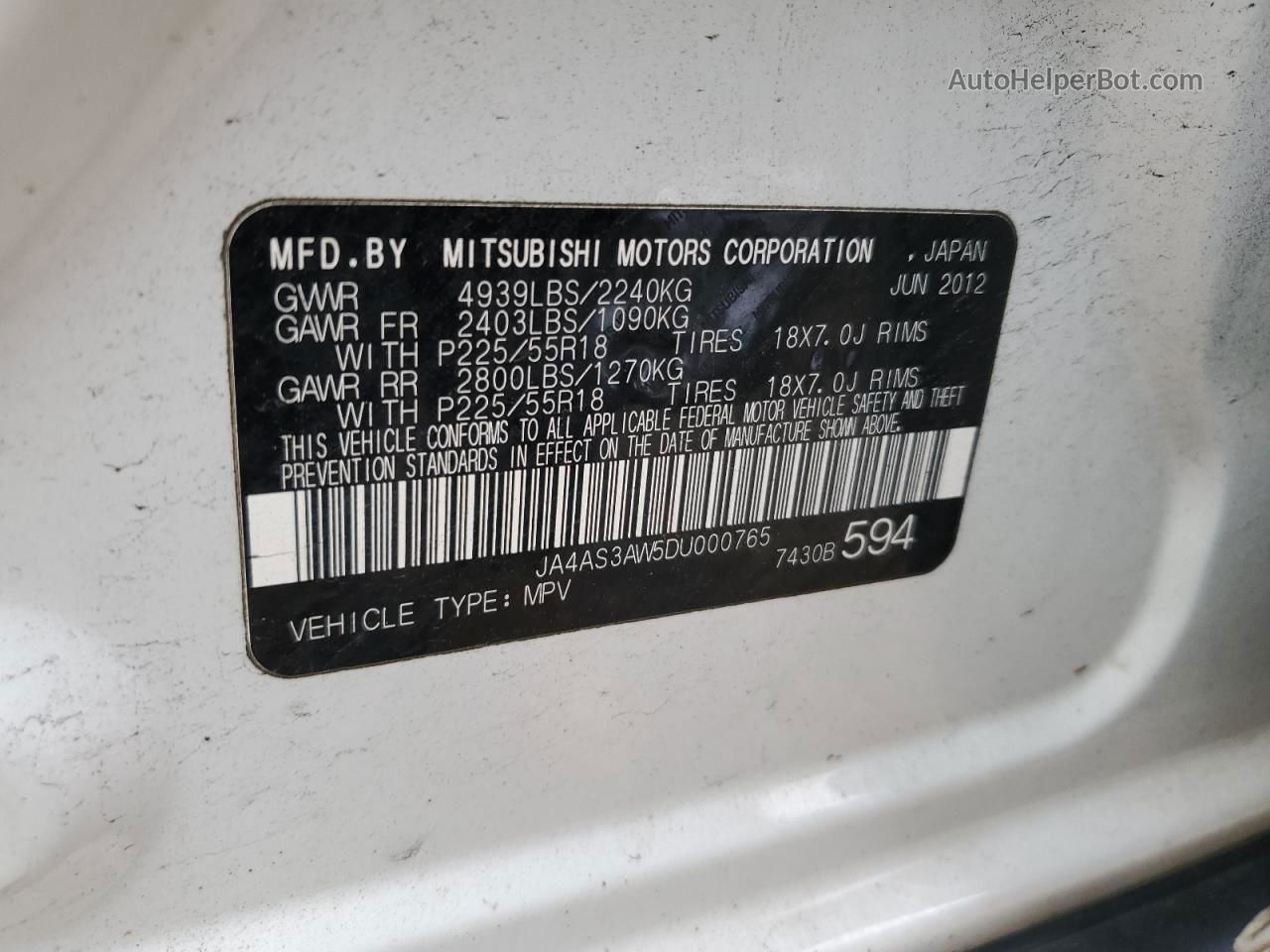 2013 Mitsubishi Outlander Se Белый vin: JA4AS3AW5DU000765