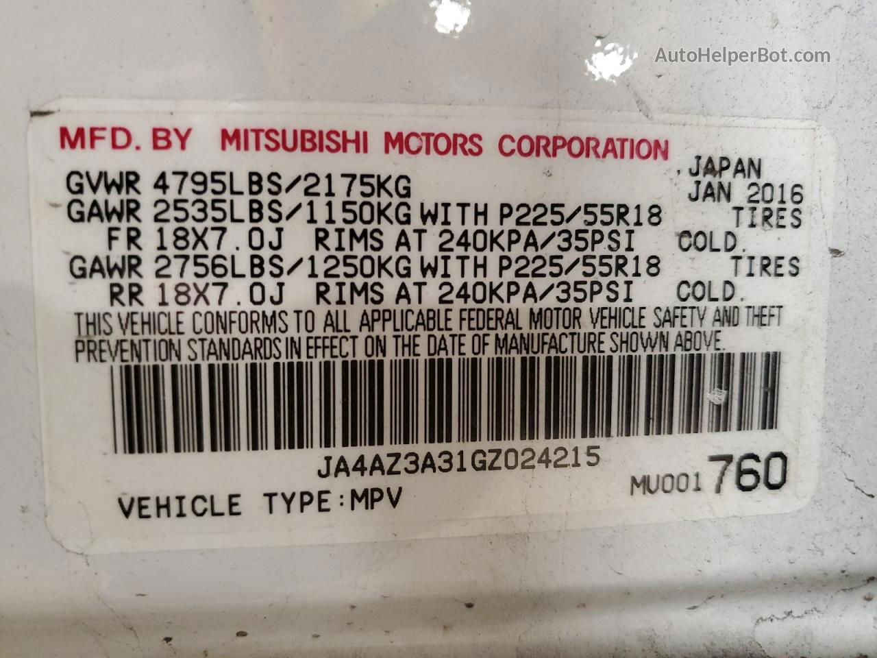 2016 Mitsubishi Outlander Se Белый vin: JA4AZ3A31GZ024215