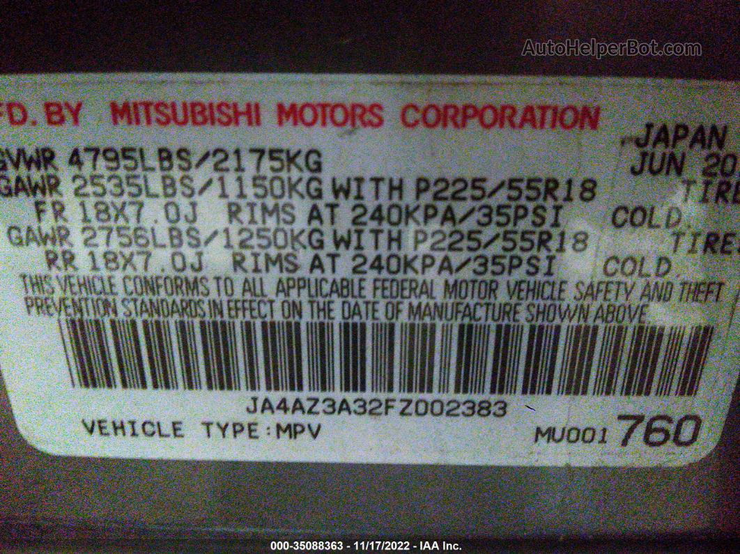 2015 Mitsubishi Outlander Se Black vin: JA4AZ3A32FZ002383