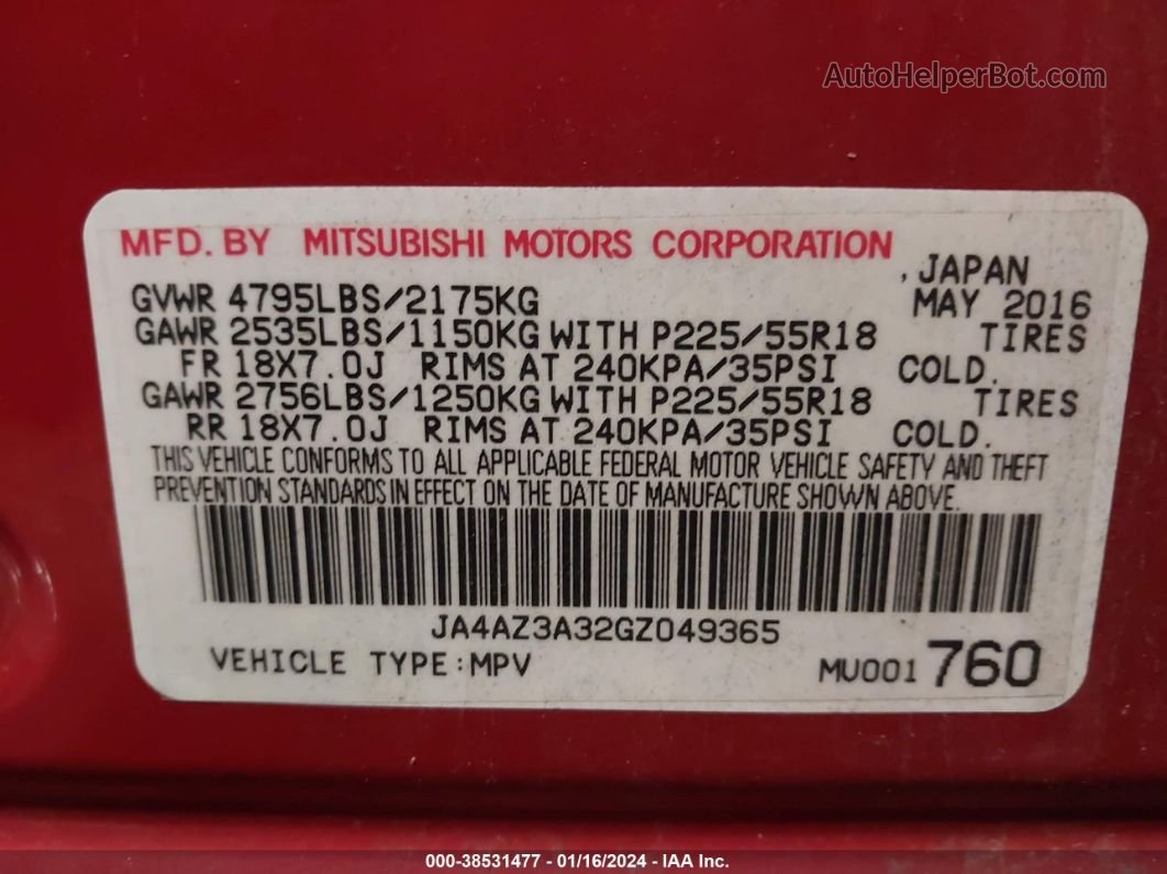 2016 Mitsubishi Outlander Es Red vin: JA4AZ3A32GZ049365