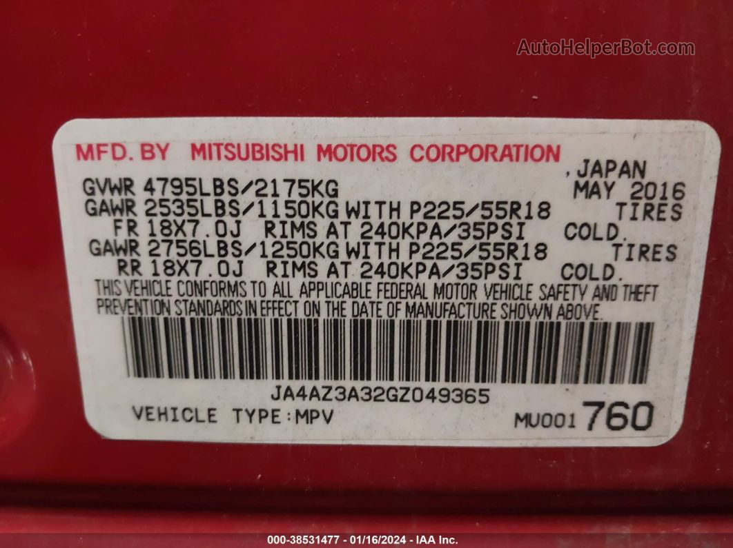 2016 Mitsubishi Outlander Es Red vin: JA4AZ3A32GZ049365