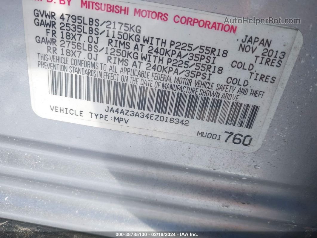 2014 Mitsubishi Outlander Se Silver vin: JA4AZ3A34EZ018342