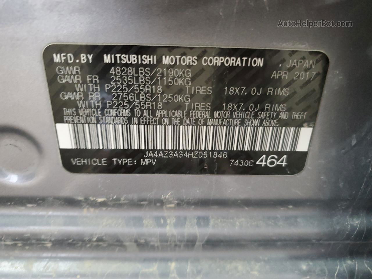 2017 Mitsubishi Outlander Se Gray vin: JA4AZ3A34HZ051846