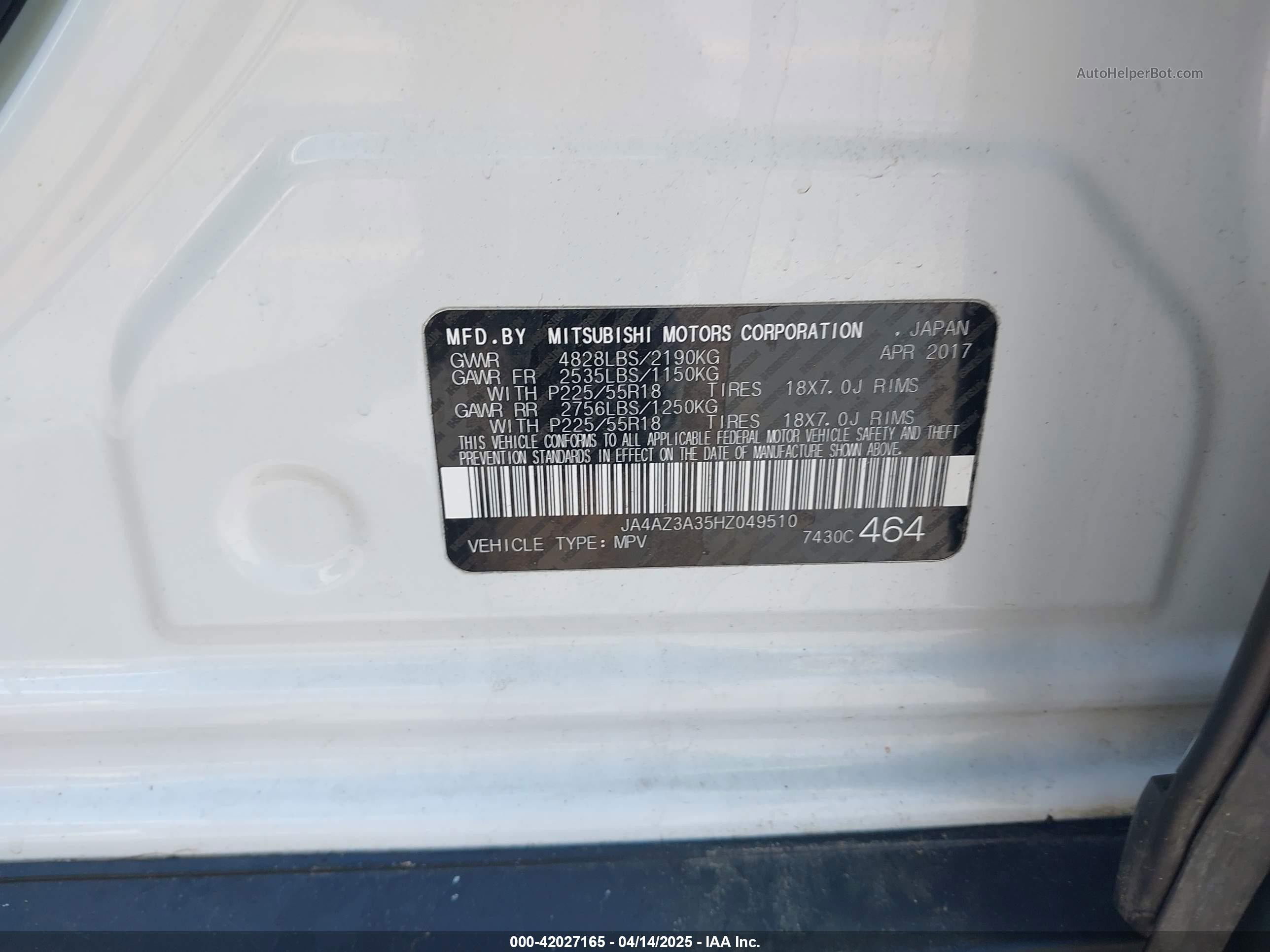 2017 Mitsubishi Outlander Se Белый vin: JA4AZ3A35HZ049510