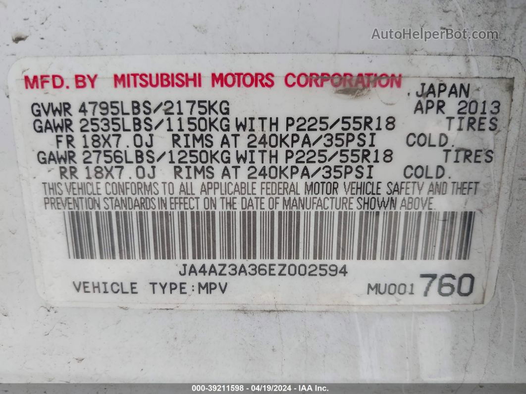 2014 Mitsubishi Outlander Se Белый vin: JA4AZ3A36EZ002594