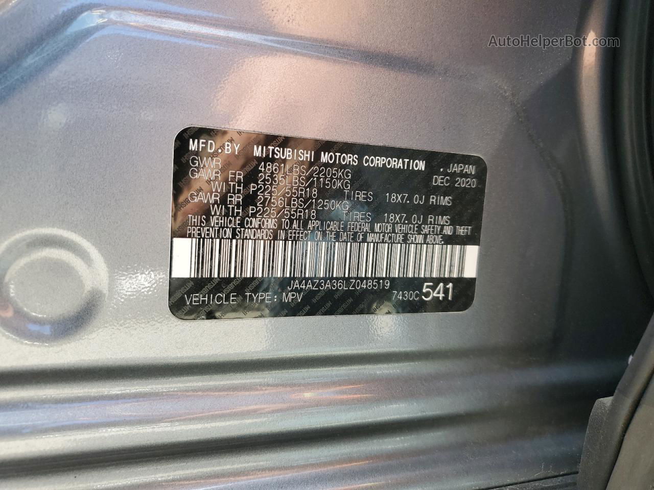 2020 Mitsubishi Outlander Se Silver vin: JA4AZ3A36LZ048519