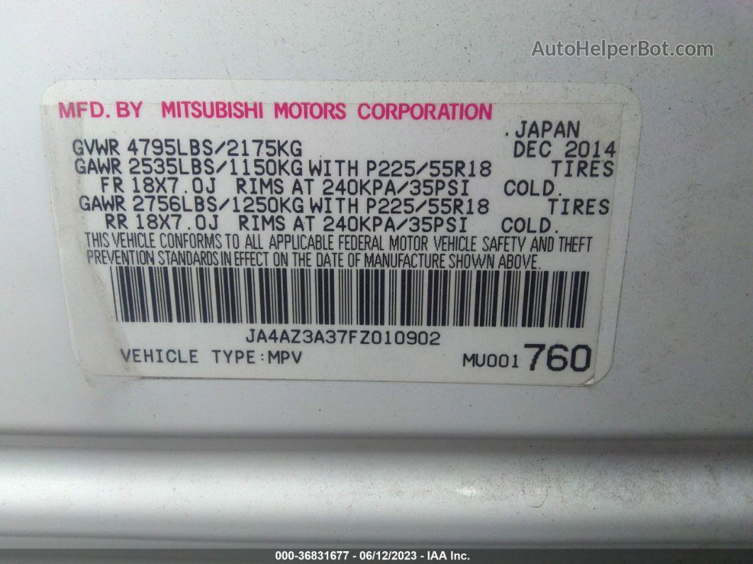 2015 Mitsubishi Outlander Se White vin: JA4AZ3A37FZ010902