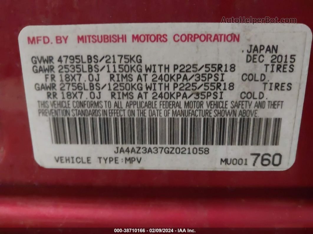 2016 Mitsubishi Outlander Sel Red vin: JA4AZ3A37GZ021058