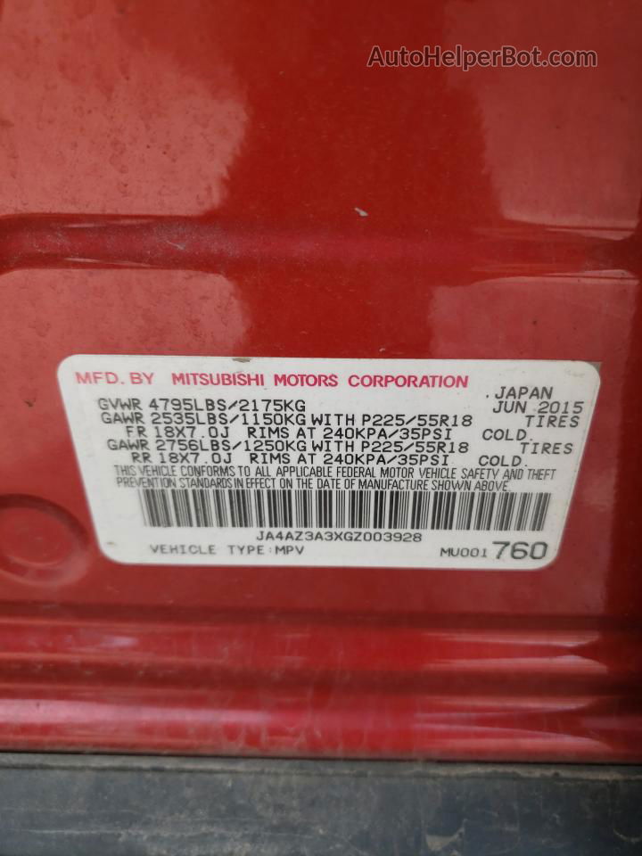 2016 Mitsubishi Outlander Se Red vin: JA4AZ3A3XGZ003928