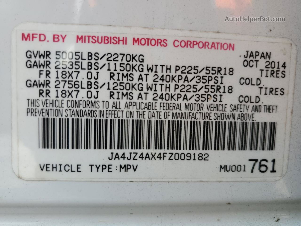 2015 Mitsubishi Outlander Gt White vin: JA4JZ4AX4FZ009182