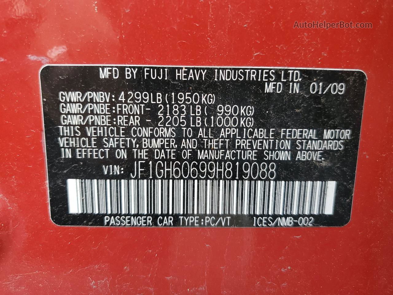 2009 Subaru Impreza 2.5i Premium Red vin: JF1GH60699H819088