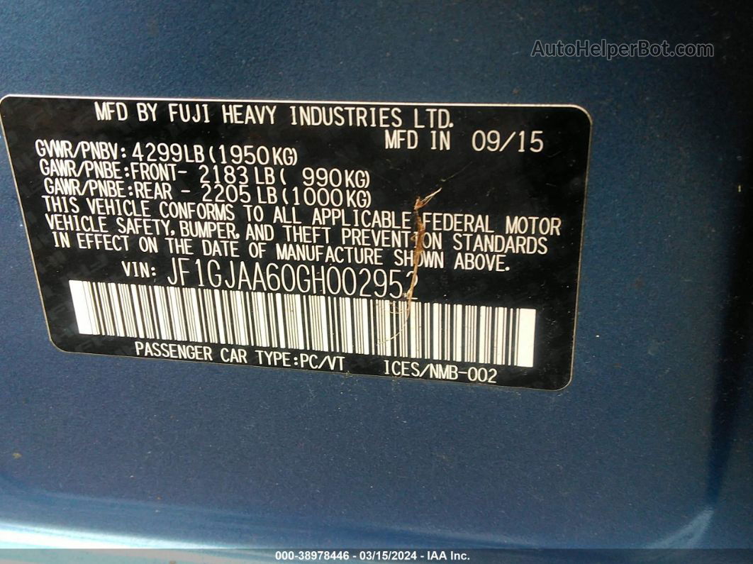 2016 Subaru Impreza 2.0i Blue vin: JF1GJAA60GH002952