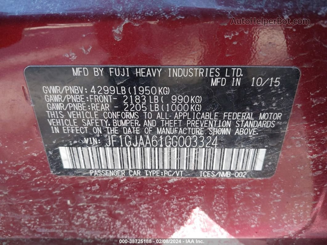 2016 Subaru Impreza 2.0i Красный vin: JF1GJAA61GG003324