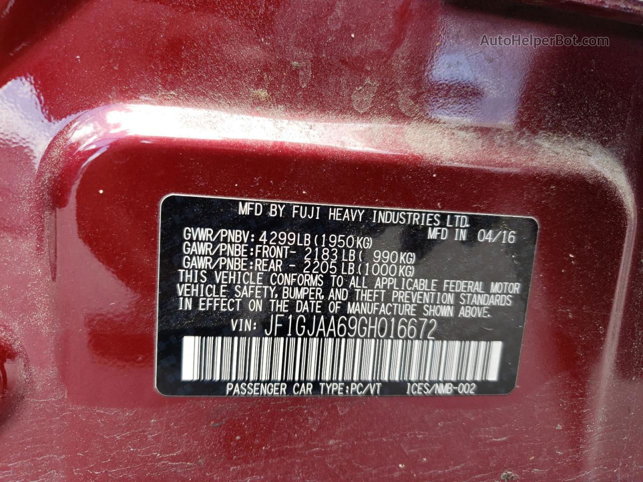 2016 Subaru Impreza  Burgundy vin: JF1GJAA69GH016672