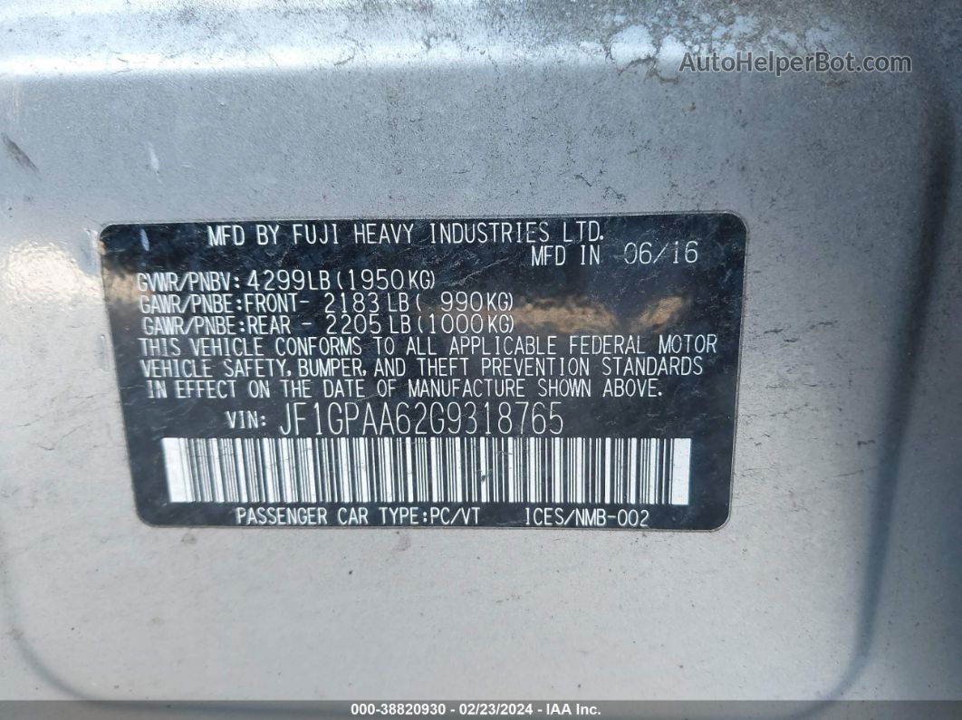 2016 Subaru Impreza 2.0i Silver vin: JF1GPAA62G9318765