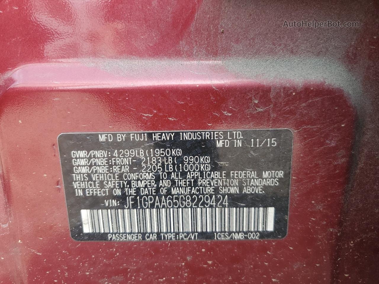 2016 Subaru Impreza  Темно-бордовый vin: JF1GPAA65G8229424