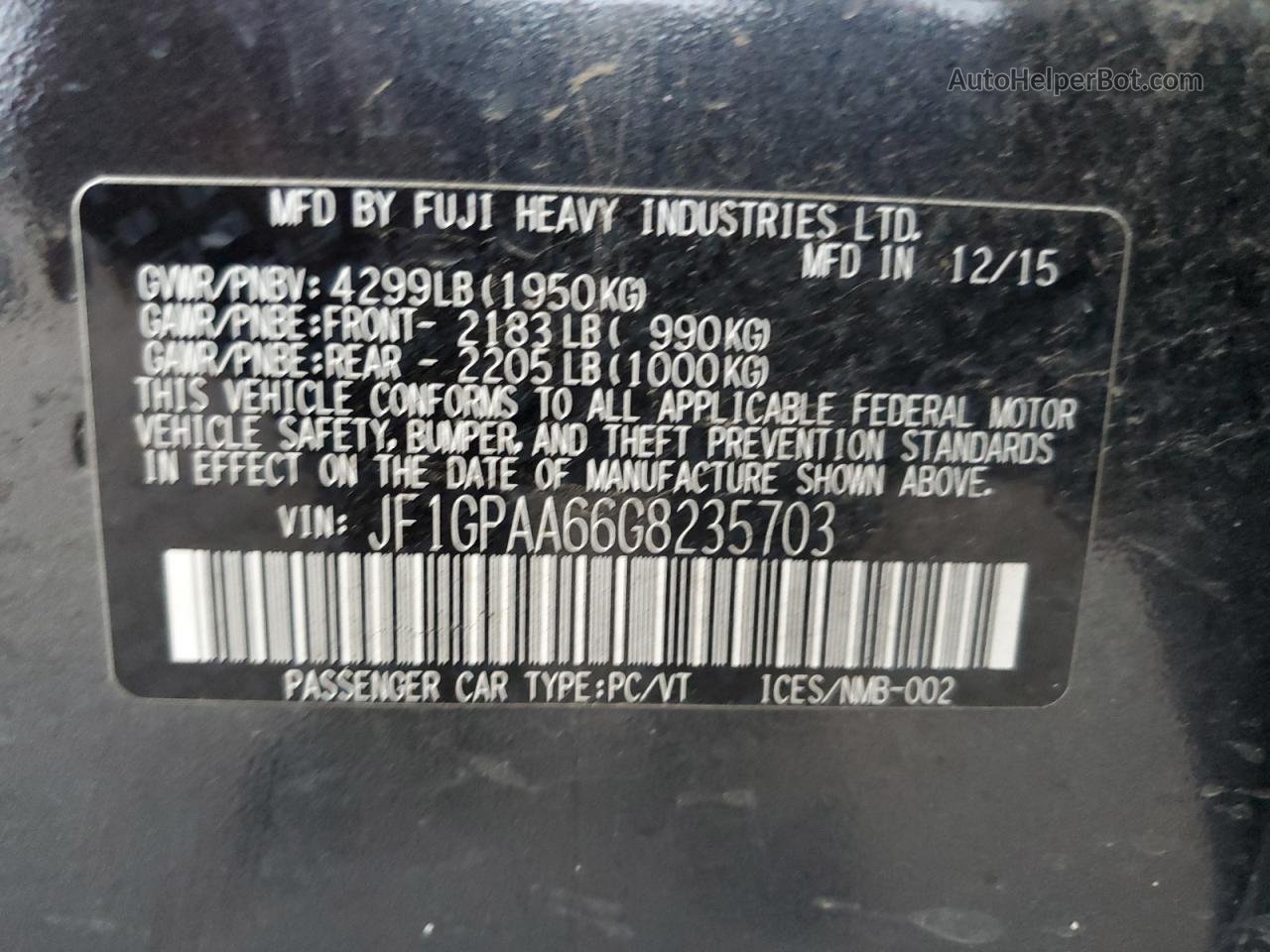 2016 Subaru Impreza  Угольный vin: JF1GPAA66G8235703