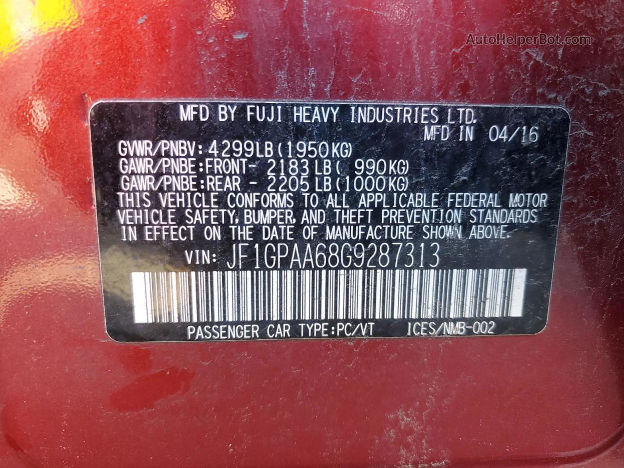 2016 Subaru Impreza  Red vin: JF1GPAA68G9287313