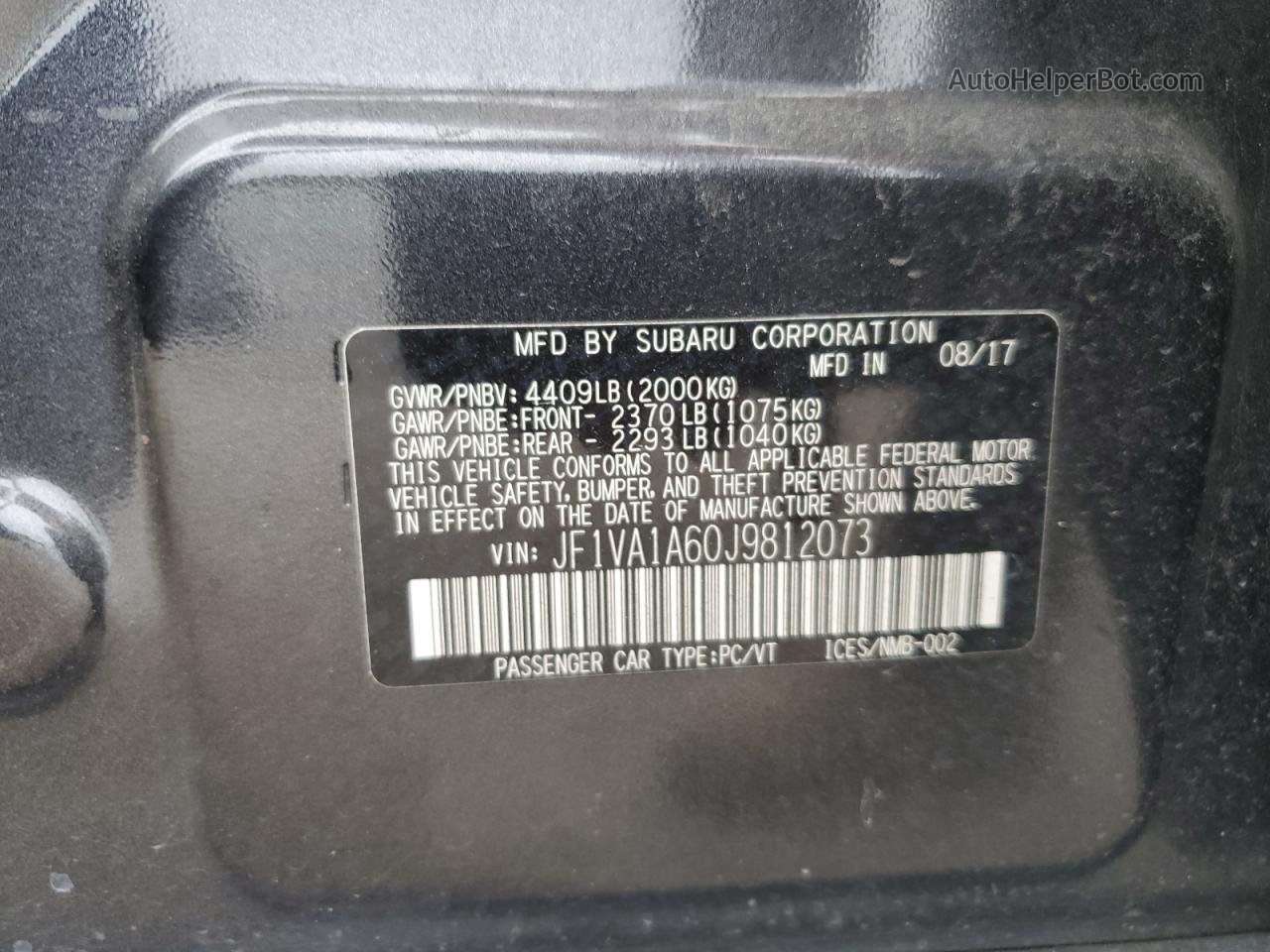 2018 Subaru Wrx  Charcoal vin: JF1VA1A60J9812073