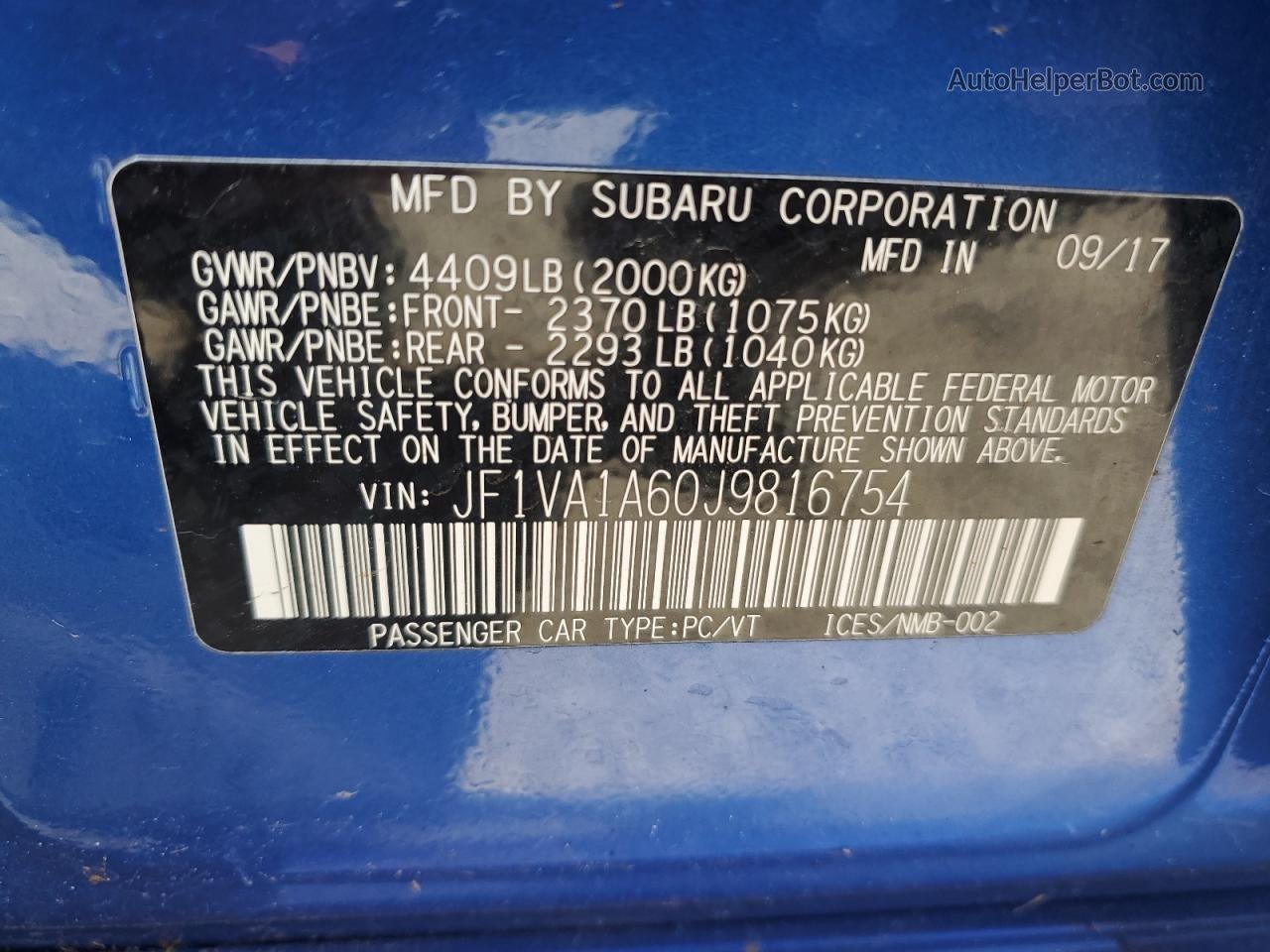 2018 Subaru Wrx  Blue vin: JF1VA1A60J9816754