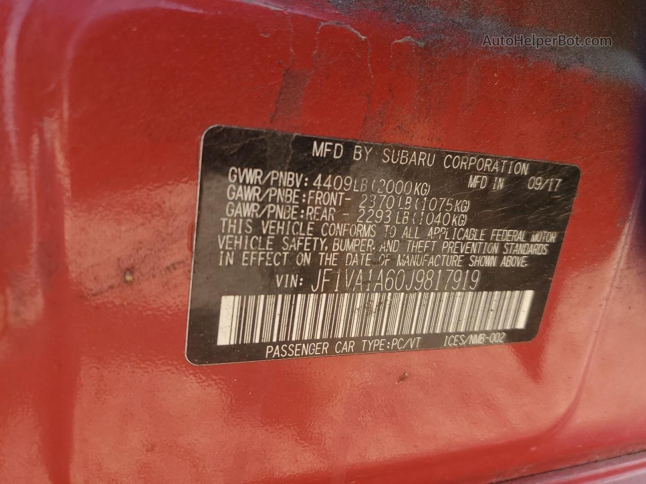 2018 Subaru Wrx  Красный vin: JF1VA1A60J9817919