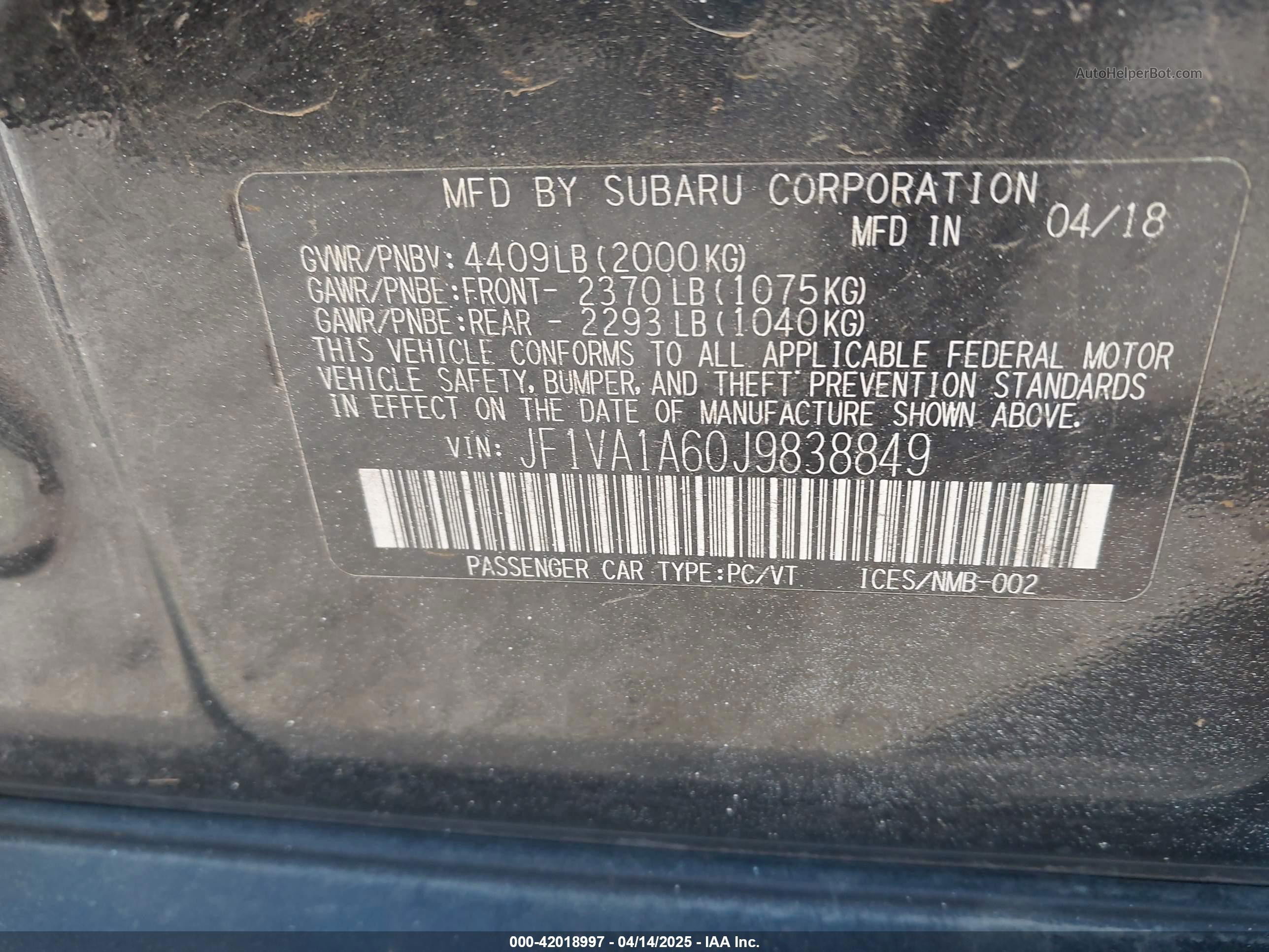 2018 Subaru Wrx   Black vin: JF1VA1A60J9838849