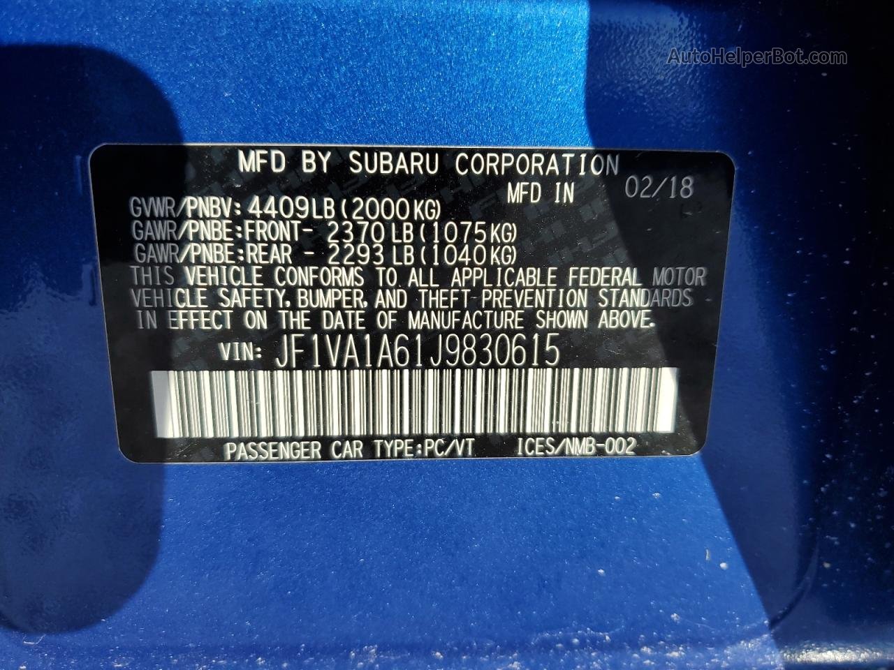 2018 Subaru Wrx  Blue vin: JF1VA1A61J9830615