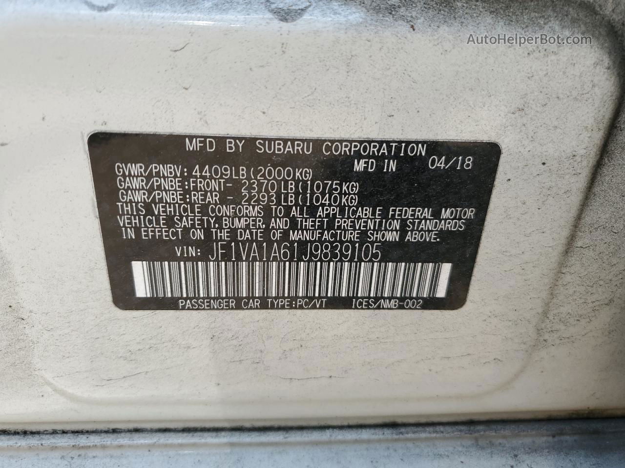 2018 Subaru Wrx  White vin: JF1VA1A61J9839105