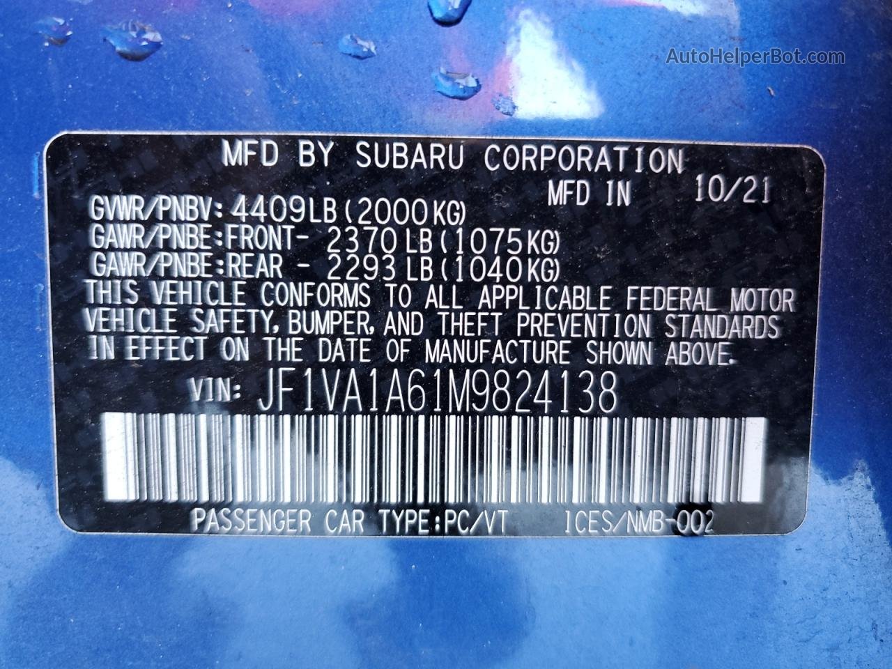 2021 Subaru Wrx  Blue vin: JF1VA1A61M9824138