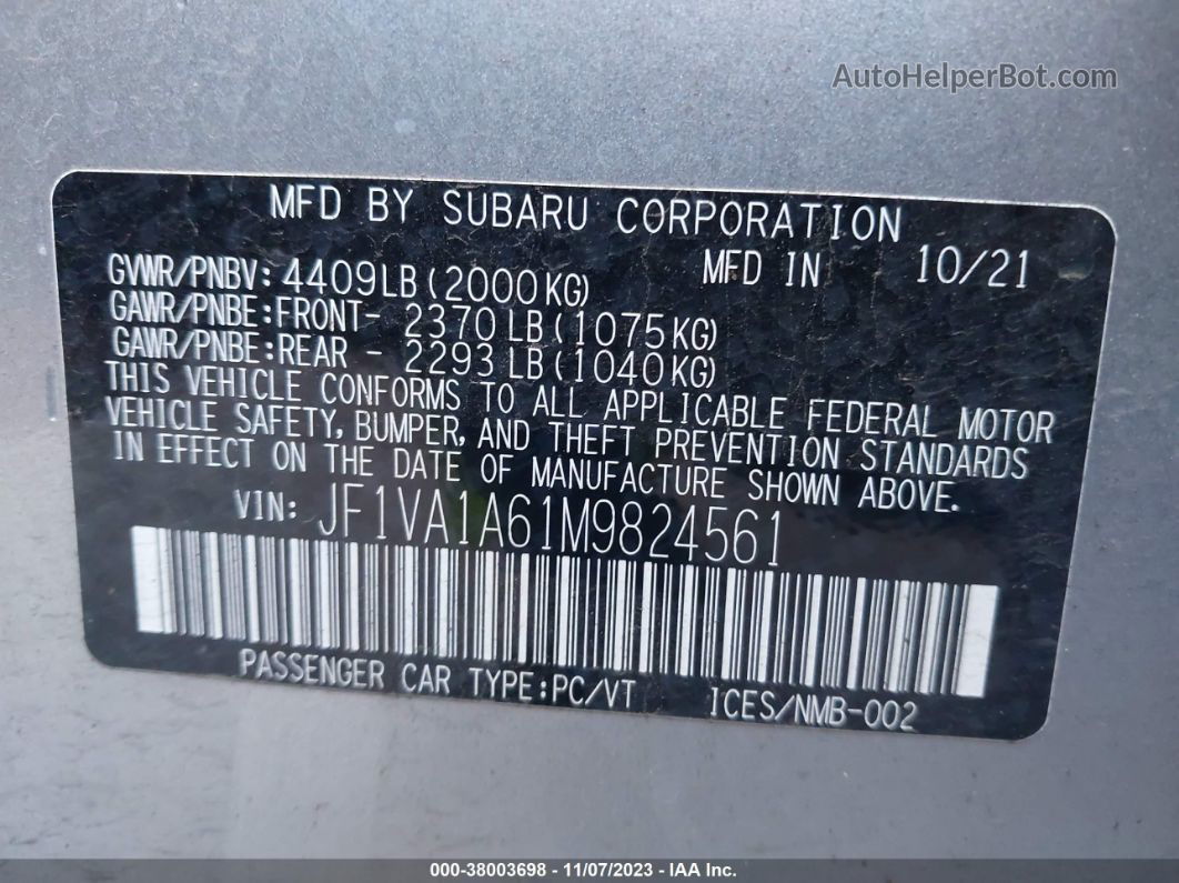 2021 Subaru Wrx Silver vin: JF1VA1A61M9824561