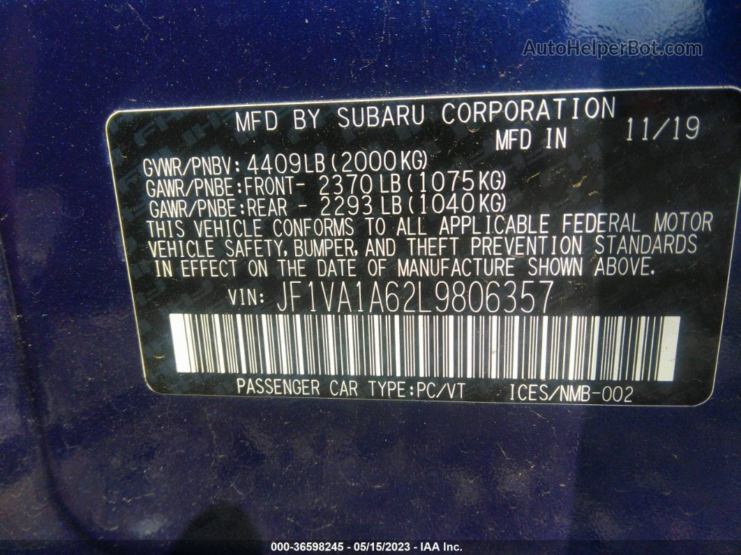 2020 Subaru Wrx   Темно-синий vin: JF1VA1A62L9806357