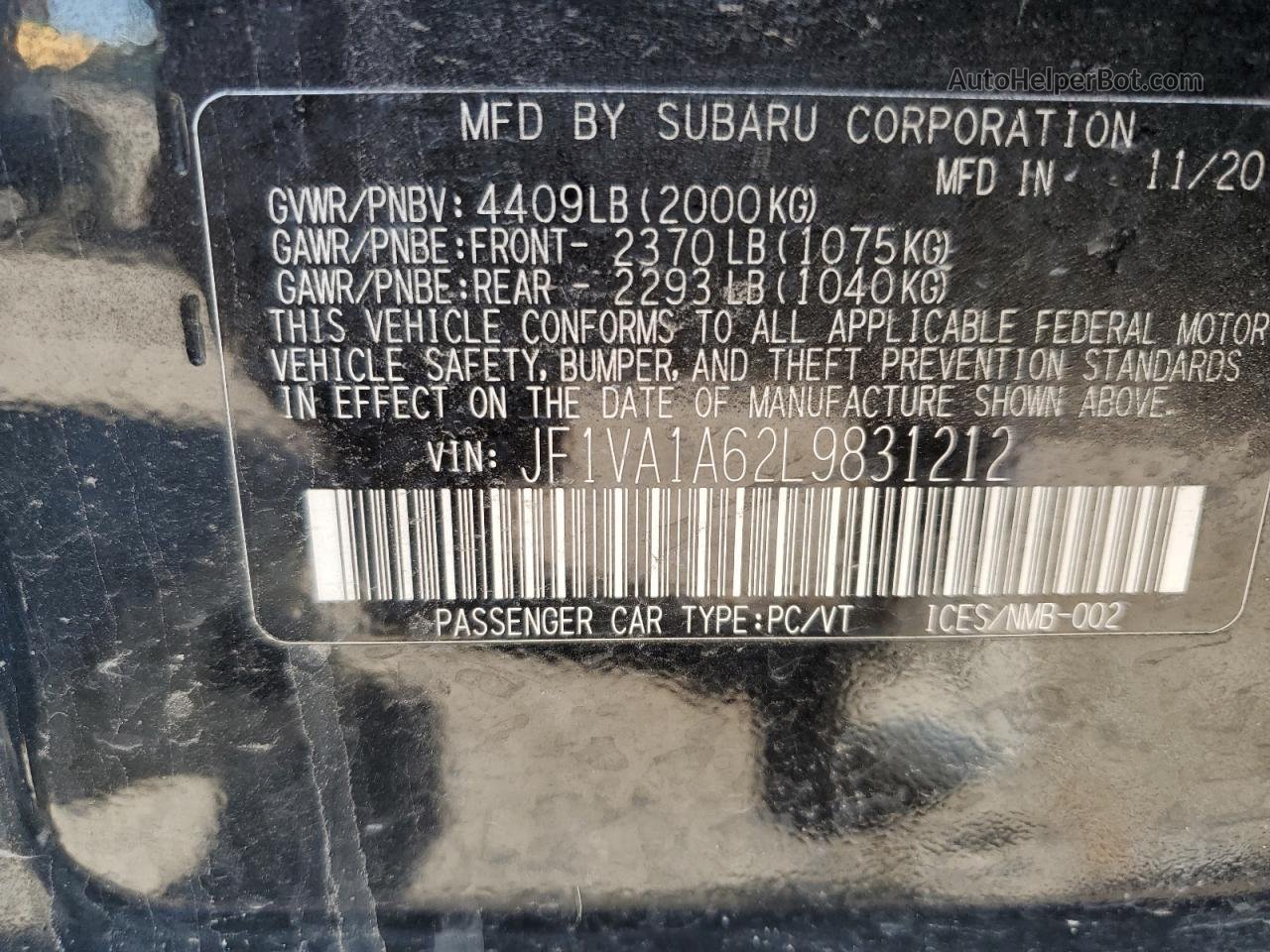 2020 Subaru Wrx  Black vin: JF1VA1A62L9831212