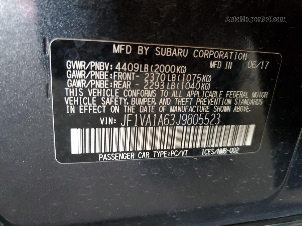 2018 Subaru Wrx  Угольный vin: JF1VA1A63J9805523