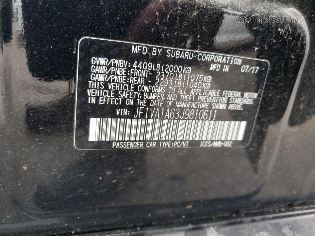 2018 Subaru Wrx  Black vin: JF1VA1A63J9810611