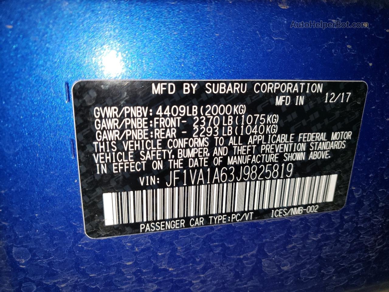 2018 Subaru Wrx  Blue vin: JF1VA1A63J9825819