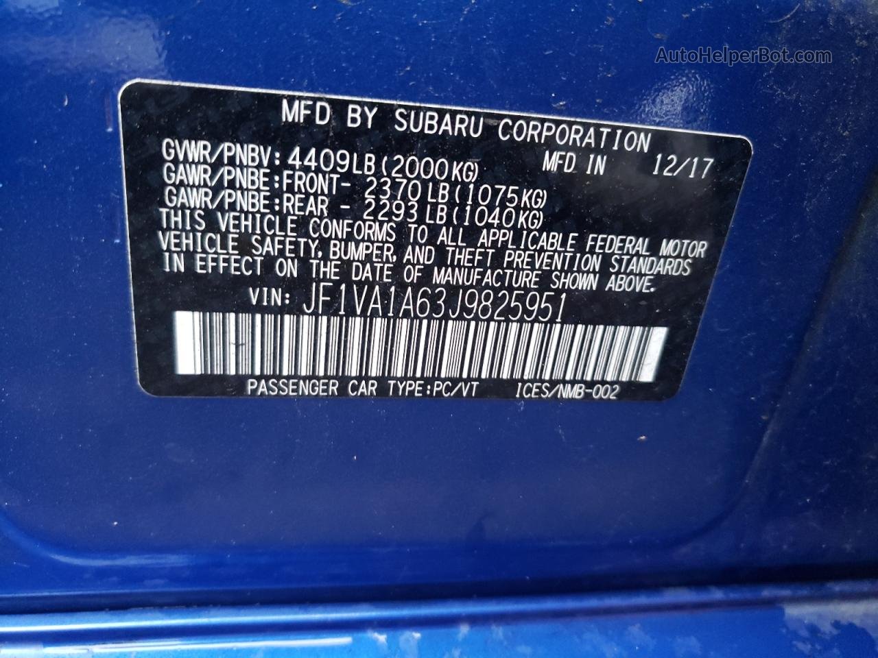 2018 Subaru Wrx  Blue vin: JF1VA1A63J9825951