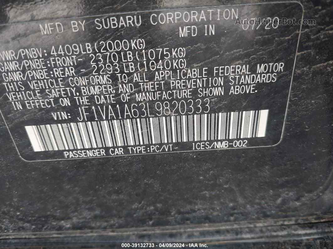 2020 Subaru Wrx   Черный vin: JF1VA1A63L9820333
