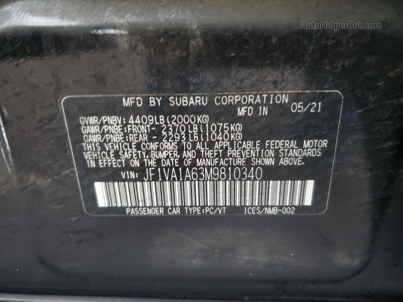2021 Subaru Wrx  Черный vin: JF1VA1A63M9810340