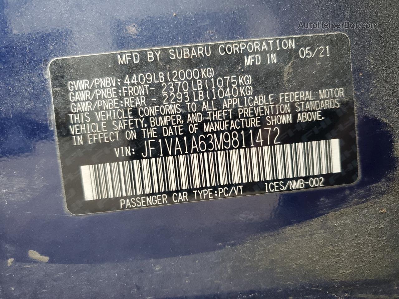 2021 Subaru Wrx  Blue vin: JF1VA1A63M9811472