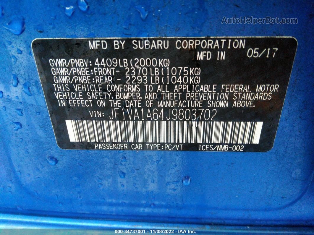 2018 Subaru Wrx   Blue vin: JF1VA1A64J9803702