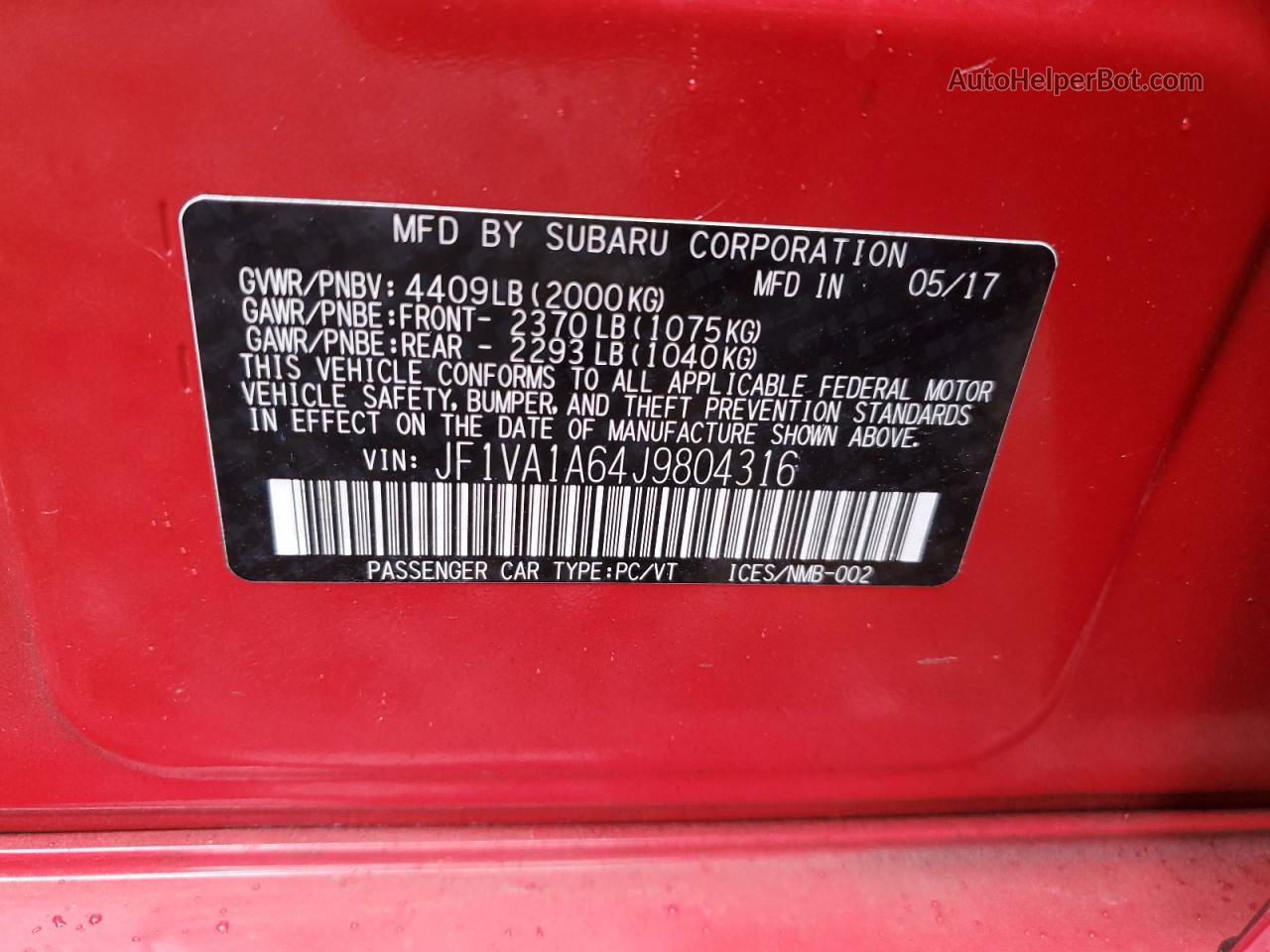 2018 Subaru Wrx  Red vin: JF1VA1A64J9804316