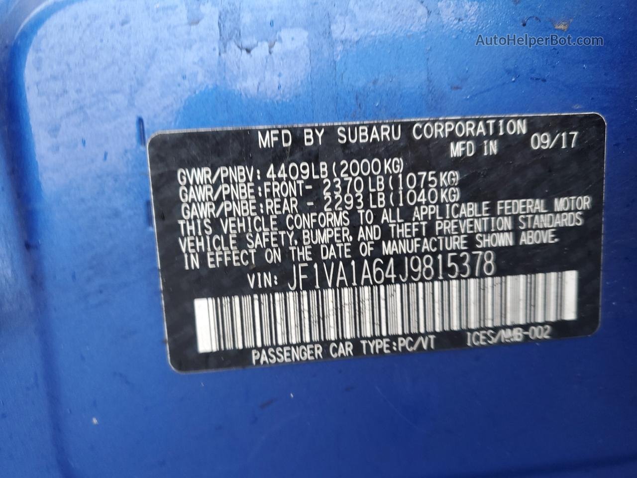 2018 Subaru Wrx  Blue vin: JF1VA1A64J9815378