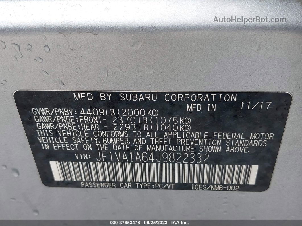 2018 Subaru Wrx Серебряный vin: JF1VA1A64J9822332