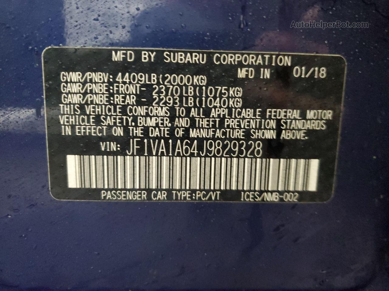 2018 Subaru Wrx  Синий vin: JF1VA1A64J9829328