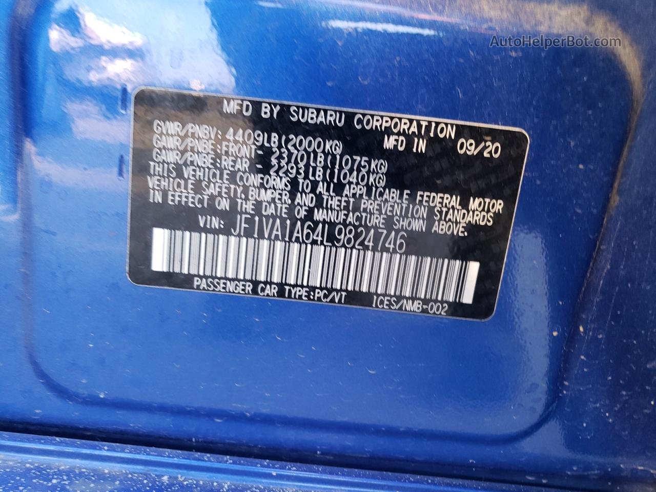 2020 Subaru Wrx  Blue vin: JF1VA1A64L9824746